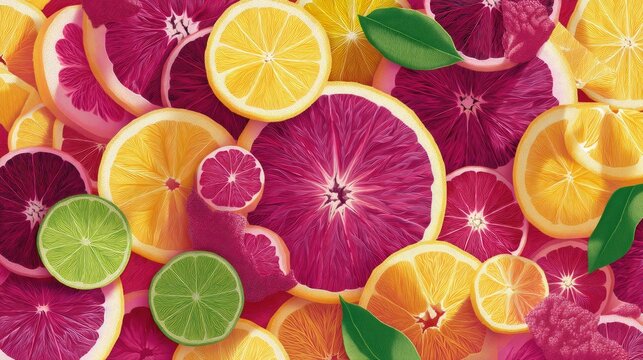 A vibrant composition of sliced citrus fruits including oranges, lemons, limes, and grapefruits, creating a colorful and appetizing arrangement.