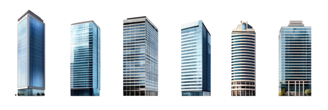 Collection of modern glass skyscrapers with unique architectural designs isolated on transparent background