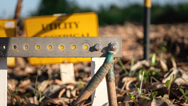An electrical earthing line connection point of the metal part, for safety reason to release the static current to ground. Industrial equipment object photo.