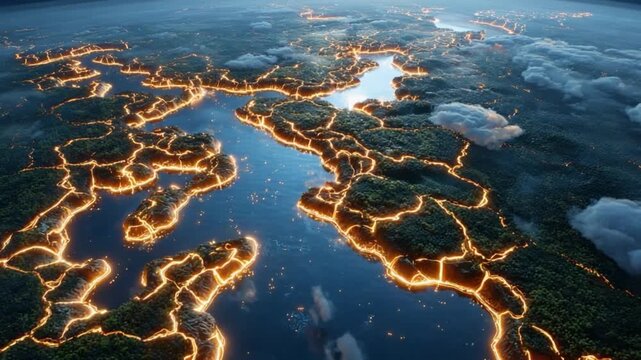 City Lights at Dusk: An aerial perspective captures the vibrant glow of city lights along waterways and coastlines at dusk, showcasing urban development merging with the natural landscape.