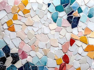 A close-up view of a colorful mosaic tile pattern, featuring various shapes and colors.