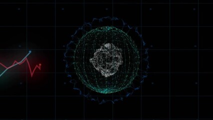 Data-sphere morphing and pulsing while teal red graphs nearing and touching mesh, showing data flow - Powered by Adobe