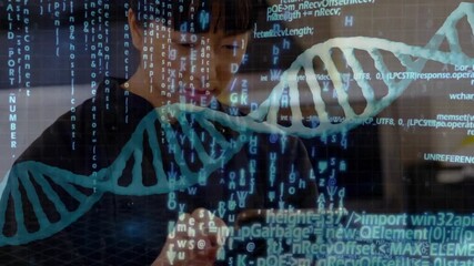 Chef in jacket tapping tablet, causing cyan DNA helix and code overlays drifting across kitchen - Powered by Adobe