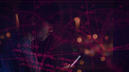 Man holding phone by window, tapping to read technology app, magenta data overlay reacting, smiling - Powered by Adobe