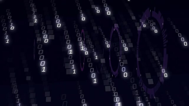 Purple ringed HUD reacting to falling bit streams rotating spiraling and showing data flow