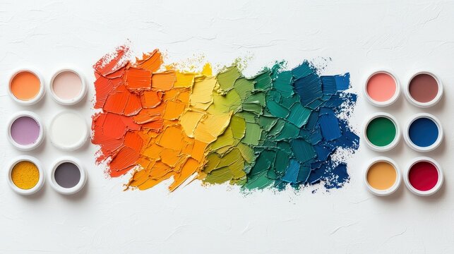 Top-down view of a colorful paint palette with brush strokes on a white textured background. Various colors are displayed, creating a vibrant and artistic compo