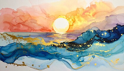 Sunrise above sea, alcohol ink, original art in blue, gold and sky in warm sunset tones