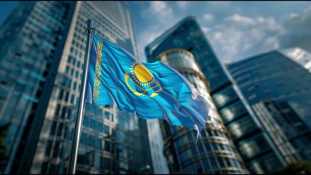 The blue Kazakh flag waves high against a backdrop of sleek skyscrapers on a bright day, symbolizing national pride during Independence Day. The scene captures a moment of celebration and unity. - Powered by Adobe