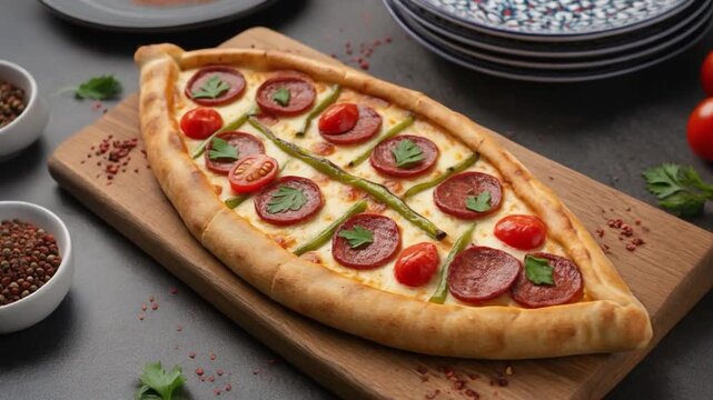 A freshly baked Turkish pide topped with sucuk, cherry tomatoes, green peppers, and melted cheese, served on a wooden board in a cozy dining setting.