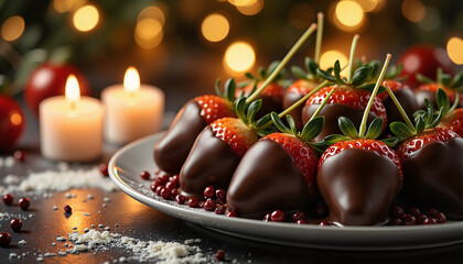 Indulge in chocolate covered strawberries with candle light, romantic arrangement of fresh berries dipped in dark chocolate.