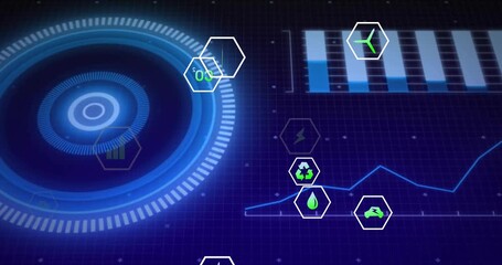 HUD pulsing, ring rotating, causing hex icons drifting toward line and bar charts showing eco data - Powered by Adobe