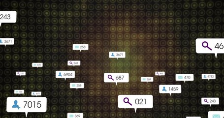 Search bubble appearing starting badges popping, rising, clustering, then fading to show user data