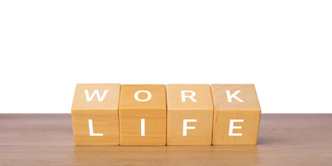 Wooden blocks with work life text for work life balance concept, isolated on transparent background