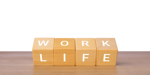 Wooden blocks with work life text for work life balance concept, isolated on transparent background