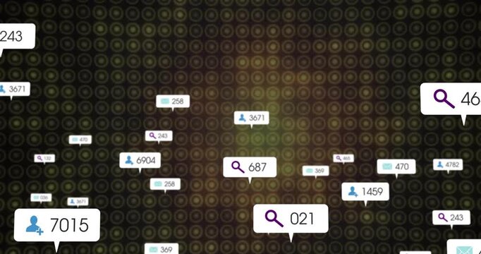 Search bubble appearing starting badges popping, rising, clustering, then fading to show user data