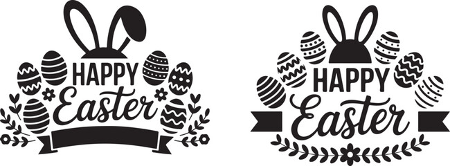 Collection of happy banner with bunny ears ribbon ornaments eggs flowers on backdrop