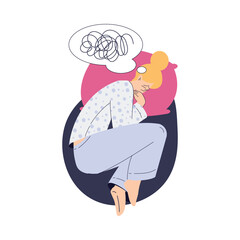 Sleepless Woman at Night Suffer from Insomnia Vector Illustration