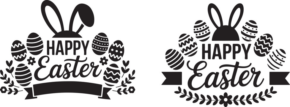 Collection of happy banner with bunny ears ribbon ornaments eggs flowers on backdrop