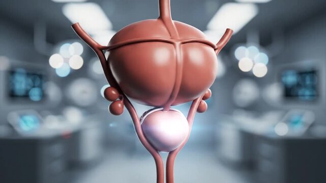 Medical illustration of human prostate and urinary bladder with blurred surgical environment background