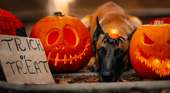 Belgian Malinois Halloween Pumpkins. Belgian Malinois lies between glowing carved pumpkins with a spider candle on its head and a Trick or Treat sign nearby. - Powered by Adobe
