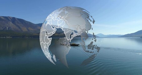 Faint circle emerging over lake, boat crossing center while globe rotating showing global travel - Powered by Adobe