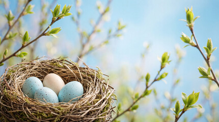 Obraz premium Spring Bird's Nest with Speckled Eggs Among Fresh Green Leaves Against Blue Sky with Copy Space