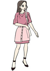Cute Anime Girl in Pink Casual Outfit with Crossbody Bag – Kawaii Fashion Vector Illustration