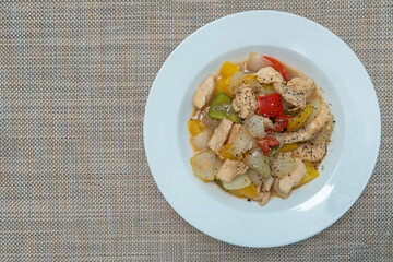 Stir-fried Chicken with Bell Peppers and Black Pepper, Top view.