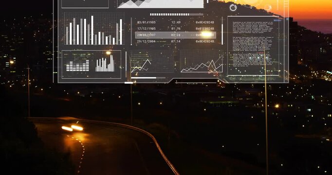 HUD sliding up on data update, cycling charts and gauges displaying live traffic metrics