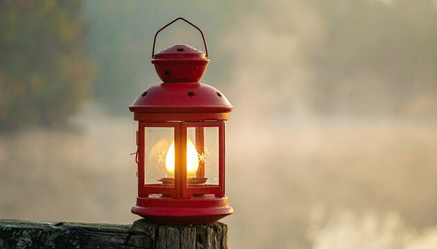 A close-up of a red lantern with a lit bulb, placed on a wooden post against a misty, blurred background.