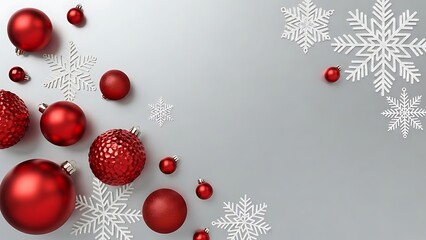 Fototapeta premium Bright red glass Christmas baubles and gold ornaments decorate a tree for a seasonal winter holiday celebration, background with copy space