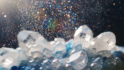 Sparkling glitter falling over a cluster of clear and blue crystals - Powered by Adobe