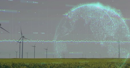 Overlay activating, wind turbines and dotted globe expanding and shifting, visualizing wind energy - Powered by Adobe
