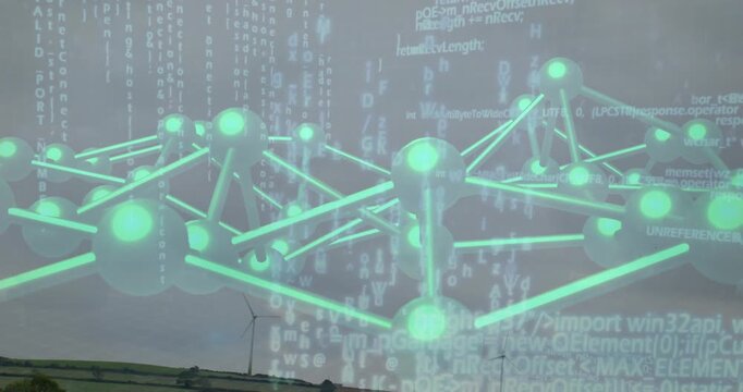 Camera pulling back, neon-green lattice rotating and fading, revealing fields for data overlay