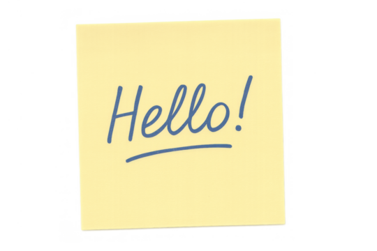 Yellow sticky note with handwritten hello! message, welcoming new connections, communication, and friendly greetings, transparent background - Powered by Adobe