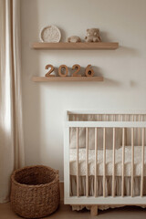 A baby ' s room with a cribt and a basket