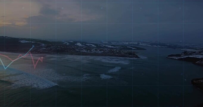 Aerial island chain holding steady after pause while line graphs emerging, visualizing wave trends