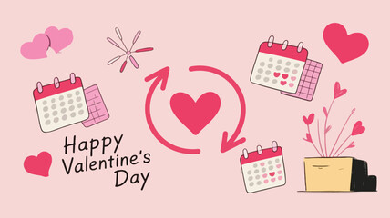 Happy valentines day illustration with hearts calendars and a cycle of love in pink and red colors on a light pink background