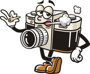 Cartoon camera mascot is smoking and relaxing