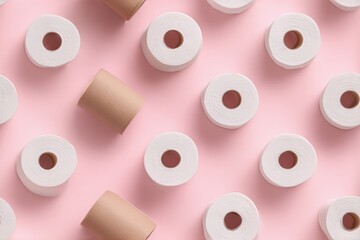 Fototapeta premium A seamless pattern of hygienic paper rolls and paper tubes on pink ground. 