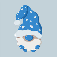 Winter gnome illustration with large blue snowflake hat, white beard, round nose, blue mittens and shoes. Light blue background. Whimsical and festive seasonal character design