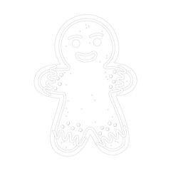 Outlined gingerbread man cookie with smiling face, icing details on arms and legs, and candy-like dots. Simple festive line art for Christmas and winter-themed designs