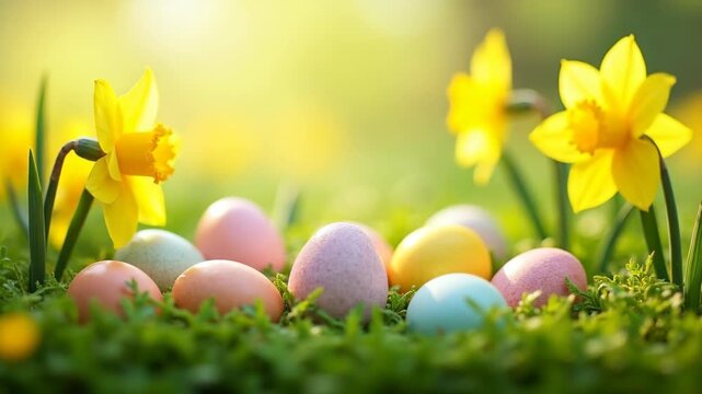 Colorful pastel easter eggs nestled in fresh green grass with bright yellow daffodils under soft morning sun with large copyspace, concept of easter holidays, greeting cards, spring promotions