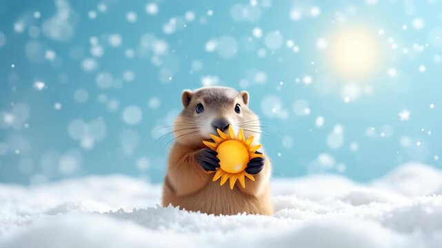 Cute groundhog smiling and looking at camera while holding yellow sun toy in snowy winter landscape, concept of groundhog day, weather forecast, spring coming