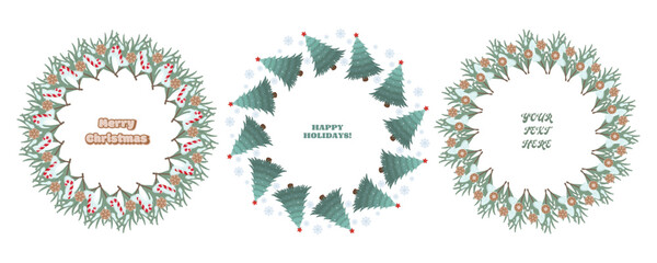 Fototapeta premium Three holiday wreaths on green background candy and cookie wreath with Merry Christmas , tree and snowflake wreath with Happy Holidays , and pinecone wreath with placeholder text