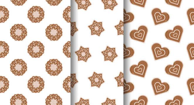 Three vertical gingerbread cookie patterns round with snowflakes, stars with icing, and hearts with double heart design. Festive seamless layout on white background