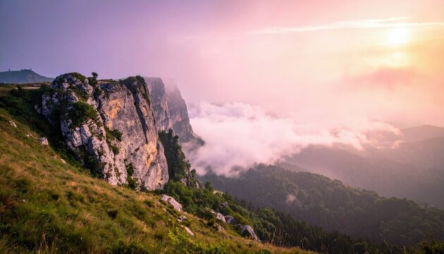 A scenic landscape featuring a rocky cliff face, lush green vegetation, and a beautiful sunset with clouds.