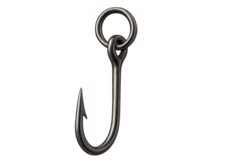 Fishing hook made of grey metal, having a sharp barb and ringed eyelet, isolated with a transparent background