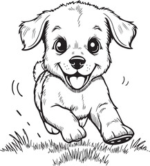 Joyful puppy's run: A cute, energetic puppy with a happy face bounds forward, its playful spirit radiating through every stride in this black and white cartoon. 