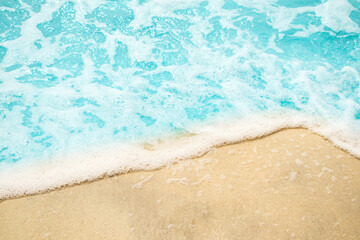 Summer background sea blue with sand beach at coast island scene mockup water nature travel vacation holidays tropical, mockup ocean ecosystem energy change environment, backdrop product cosmetic.
